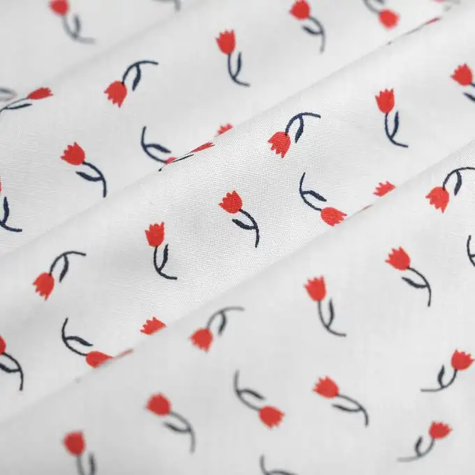 Tessuto popeline cotone mini tulipano rosso ecru