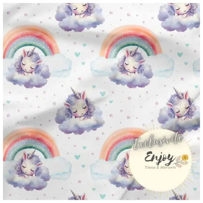 Tessuto French Terry Animali Unicorno Viola venduto al metro