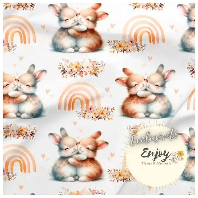 Tessuto French Terry Animali Coniglio Arcobaleno Beige venduto al metro