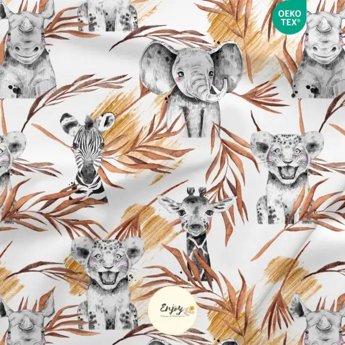 Jersey in cotone Animali della Savana marrone terracotta venduto al metro