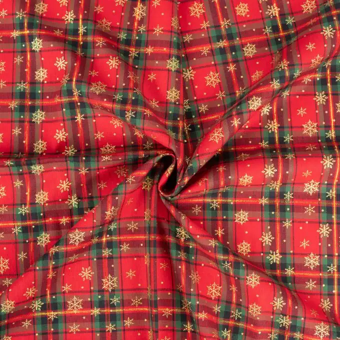 Tessuto cotone natalizio tartan fiocchi dorati
