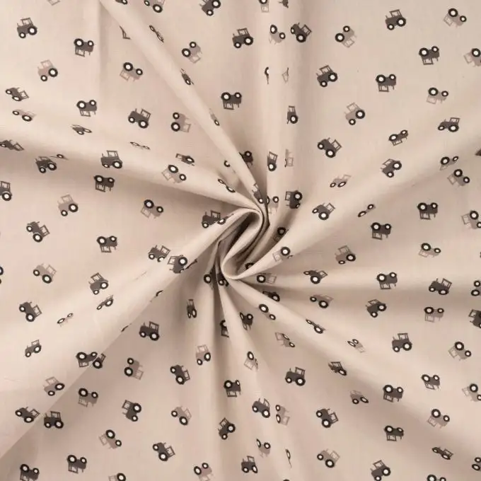 Tessuto popeline di cotone stampato piccolo trattore beige