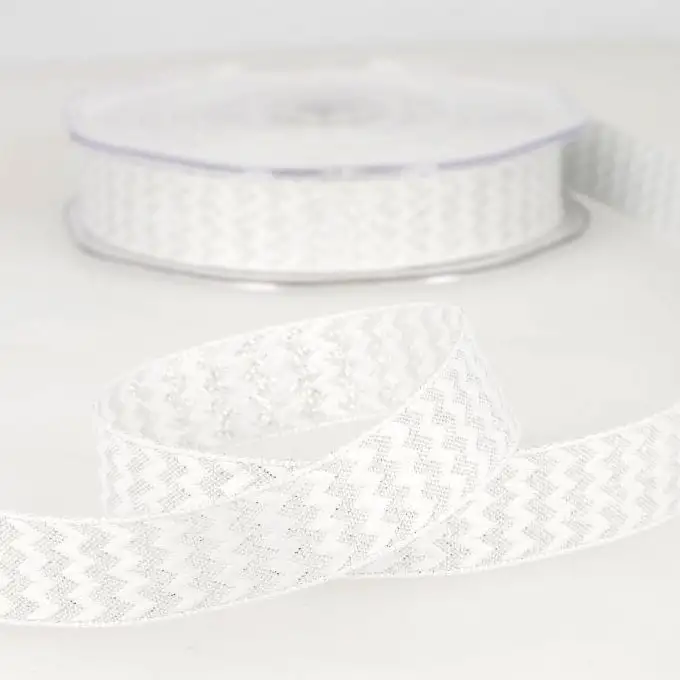 Nastro zig zag bianco e argento 25 mm