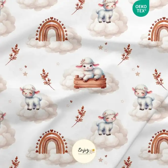 Tessuto 100% cotone premium Animali della Fattoria Pecora beige venduto al metro