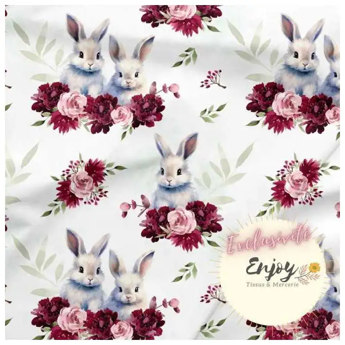 Tessuto Jersey Animali Coniglio Bianco Rosa Bordeaux venduto al metro