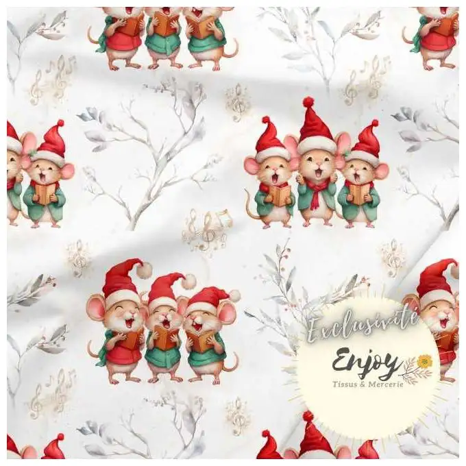 Tessuto Jersey Natale Animali Topo Cappello Rosso venduto al metro