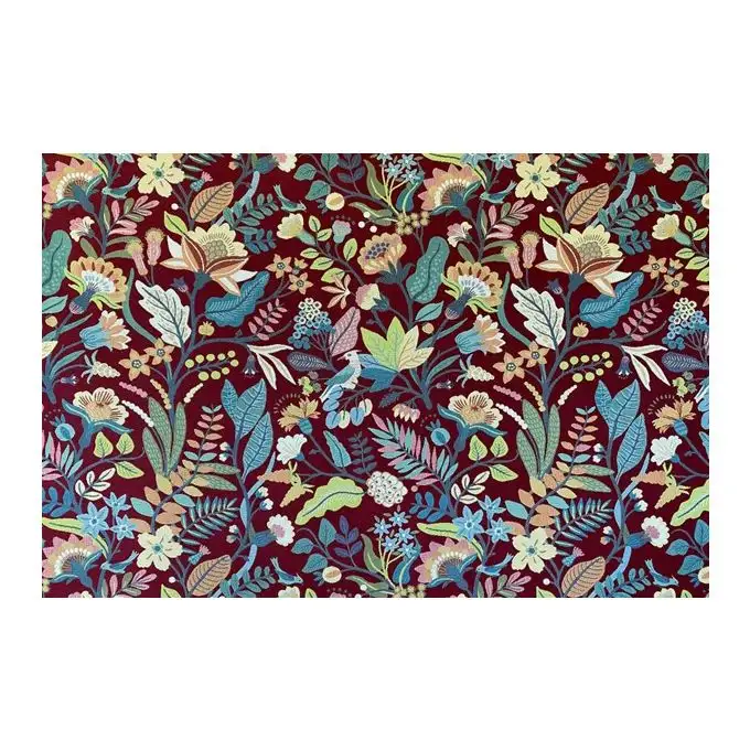 Tessuto in cotone ricamato con fiori multicolori su sfondo porpora, Sedie