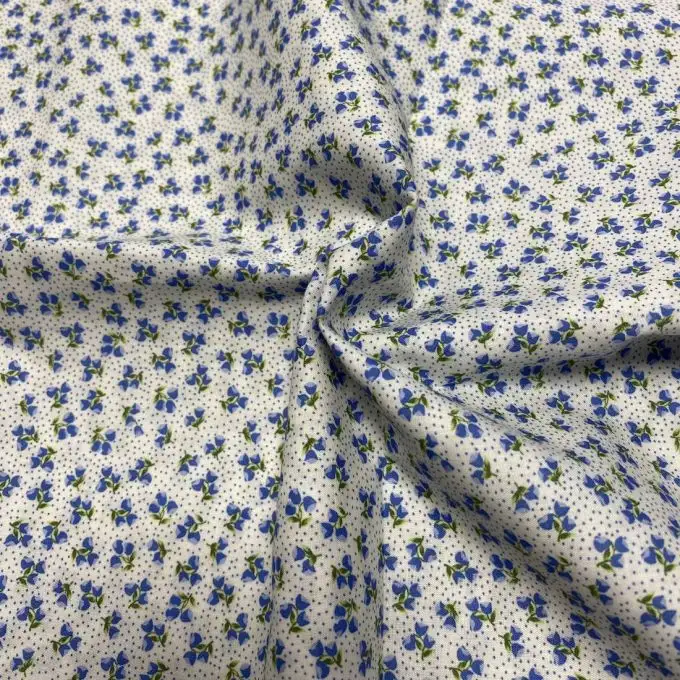 Tessuto voile di cotone morbido blu mini tulipani e pois