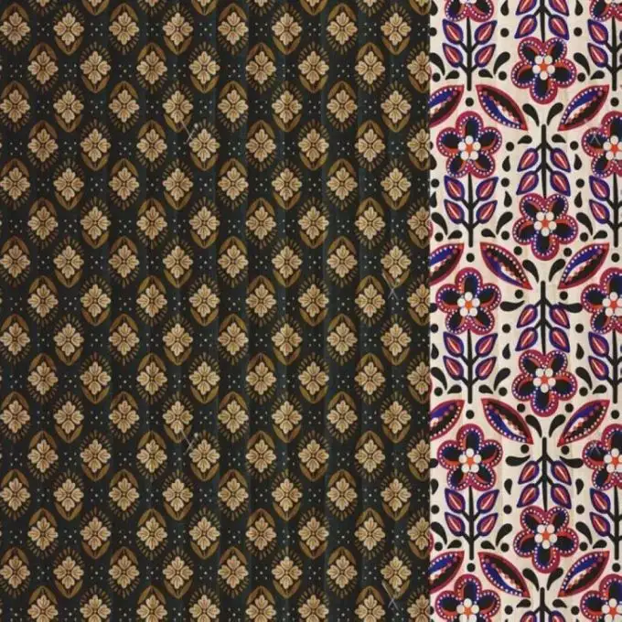 Tessuto trapuntato doppio lato fiore folk multicolore blu