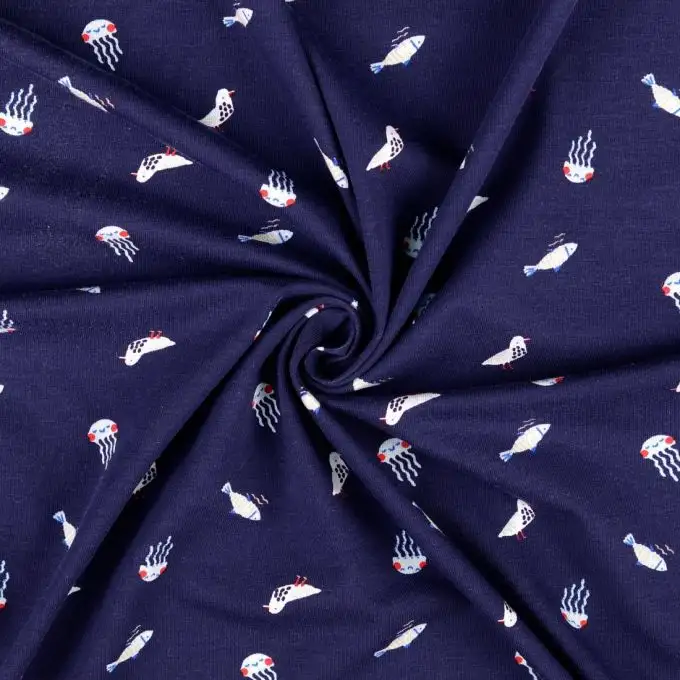 Maglia jersey cotone stampata mondo marino blu