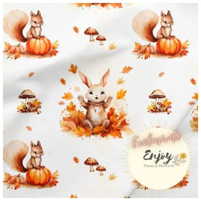 Tessuto Jersey Animali Coniglio Scoiattolo Autunno Beige venduto al metro