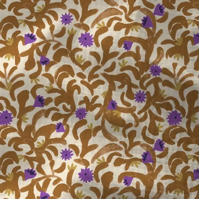 Tessuto double gaze arabesco floreale stile block print ecru