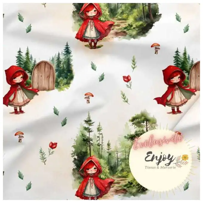 Tessuto Jersey Fantasia Foresta Cappuccetto Rosso venduto al metro