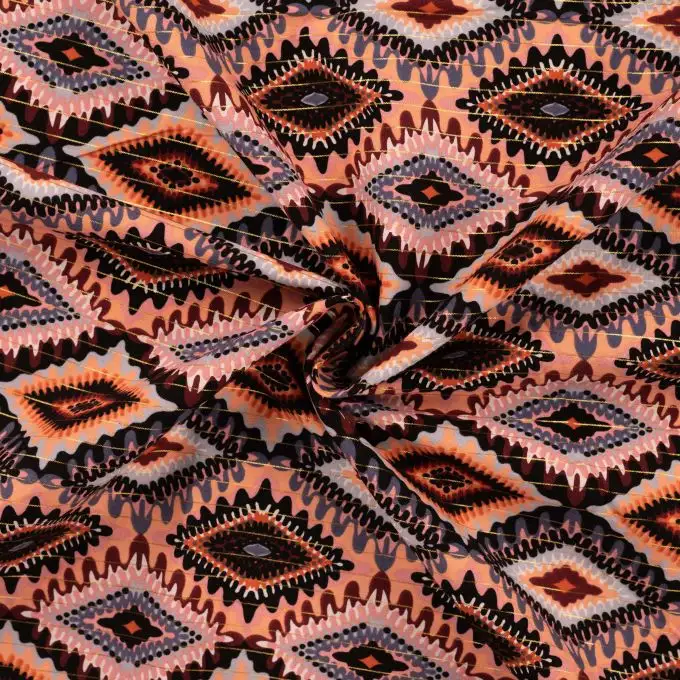 Tessuto voile cotone righe lurex stampato mosaico blu