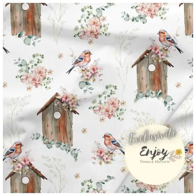 Tessuto French Terry Animali Uccelli Fiori Rosa venduto al metro