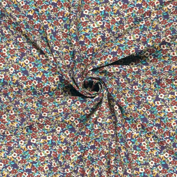 Tessuto popeline viscosa fiori in festa viola