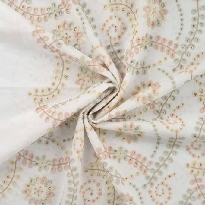 Tessuto cotone ricamato paisley multicolore verde