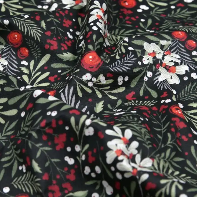 Tessuto cretonne rivestito stampato rami di agrifoglio antracite