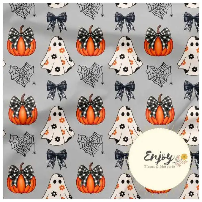 Tessuto French Terry Halloween Fantasmi Nero Arancione venduto al metro