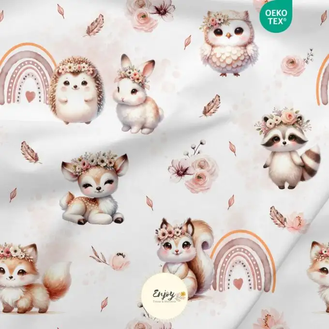 Tessuto French Terry Animali della Foresta Boho rosa venduto al metro