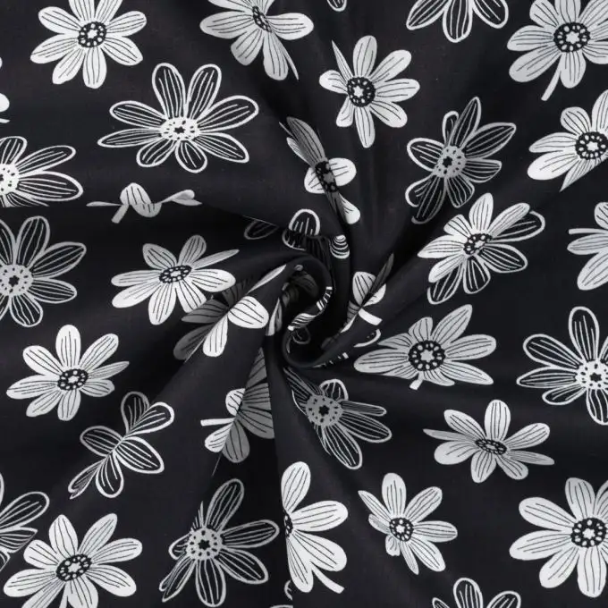 Tessuto popeline cotone stampato bella margherita grigia nera