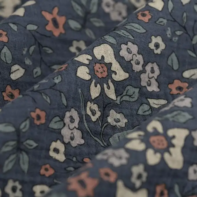 tessuto doppio garza floreale marina