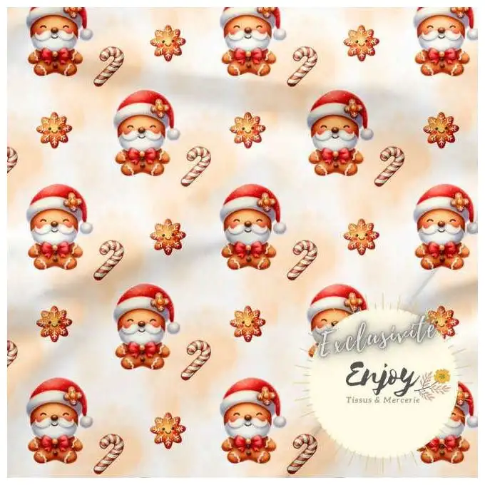 Tessuto Jersey Babbo Natale Pan di Zenzero Natale Rosso Beige venduto al metro