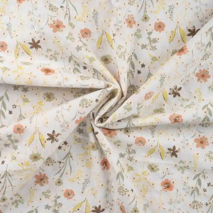 Tessuto cotone ricamato giardino fiorito verde kaki