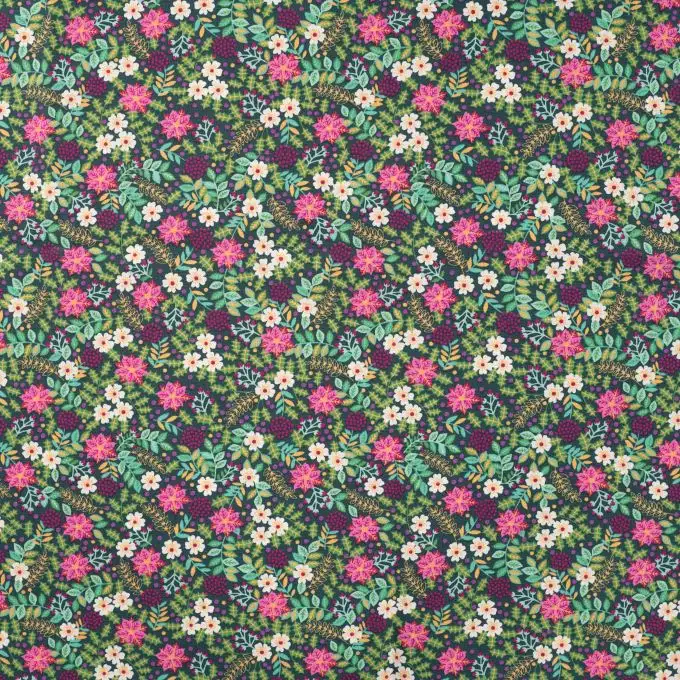 Tessuto cotone natalizio fiori invernali verde e rosa e tocco dorato