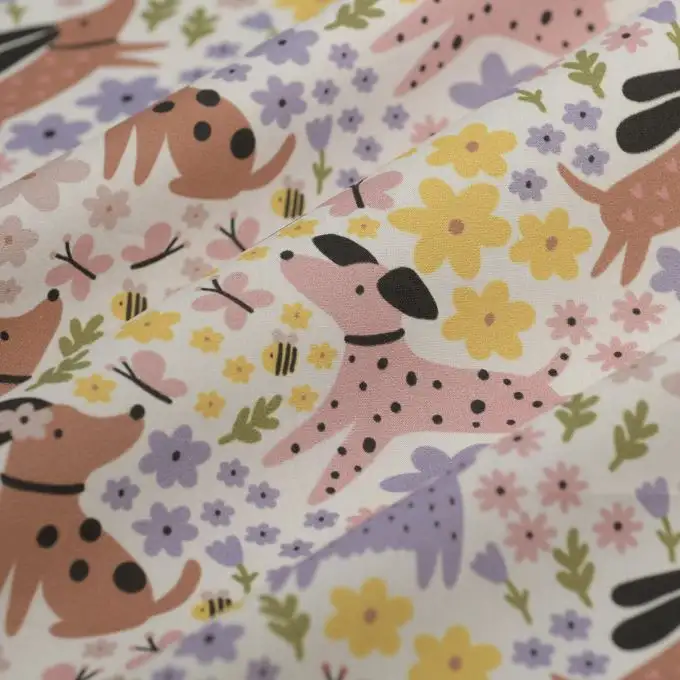 Tessuto popeline cotone cani floreali multicolore