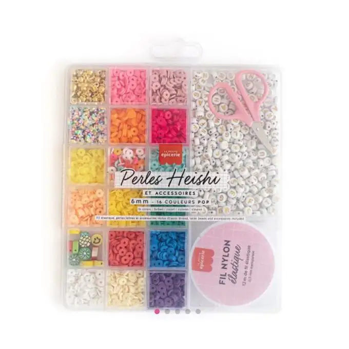 Maxi scatola perle heishi - 16 colori pop e accessori + perle lettere forbici e filo elastico - La Petite Épicerie