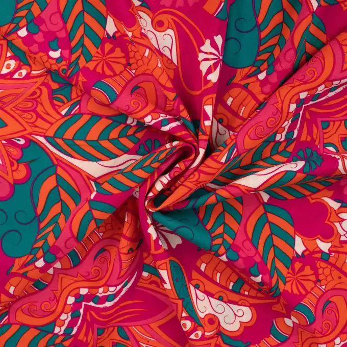 Tessuto viscosa chally stampato fogliame rosa fucsia