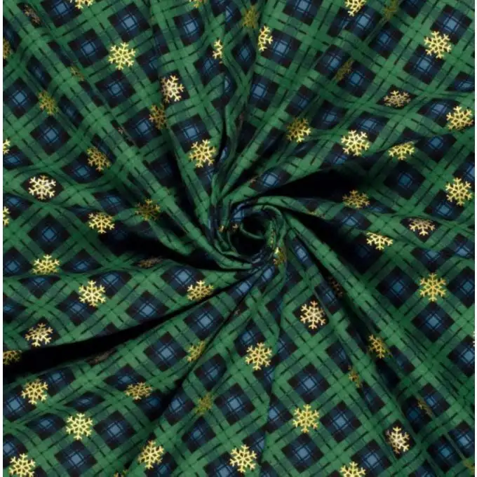 Tessuto flanella cotone natale tartan blu e verde fiocco dorato