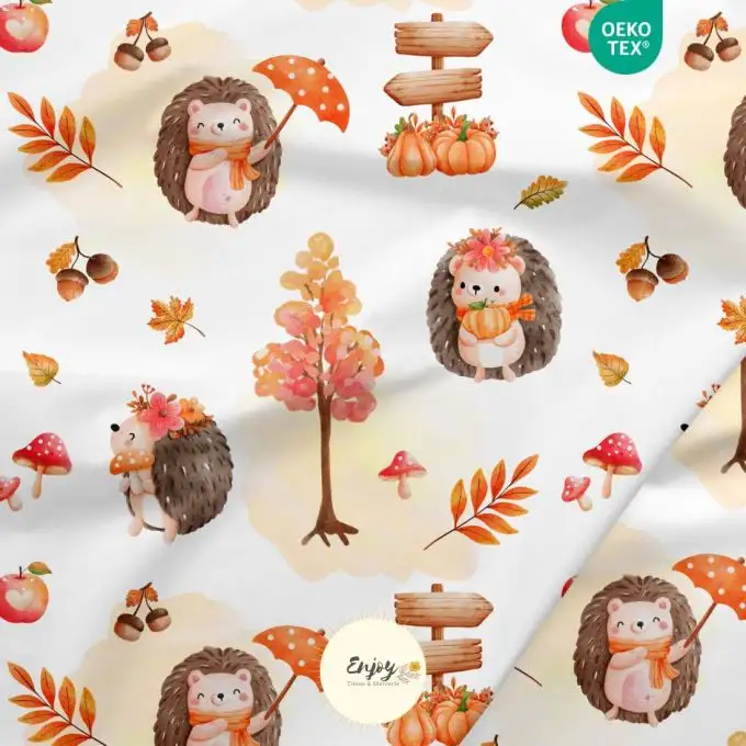 Tessuto 100 % cotone premium animali del bosco riccio autunno venduto al metro