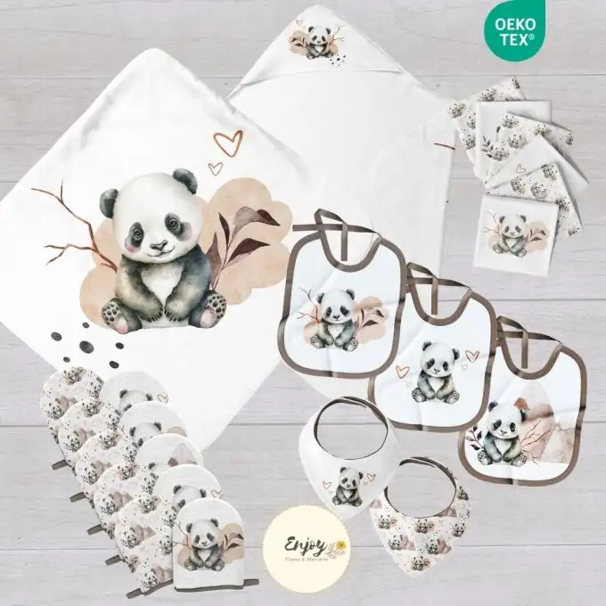 Pannello Kit Nascita Bebè Tessuto Panda Unisex Accappatoio Bavaglini Salviette