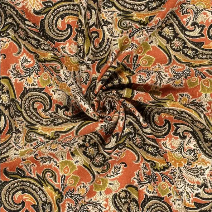 Tessuto crepe viscosa filato lurex dorato grande cachemire arancione