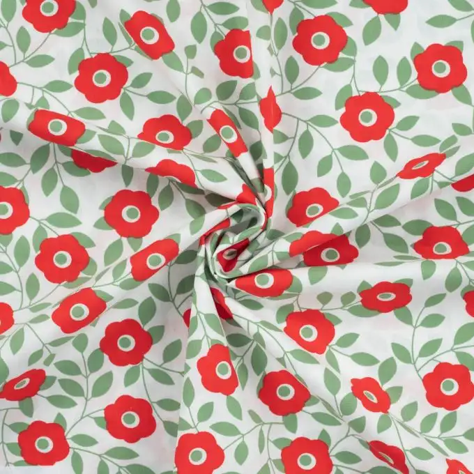 Tessuto popeline cotone stampato fiore naïve rosso e verde