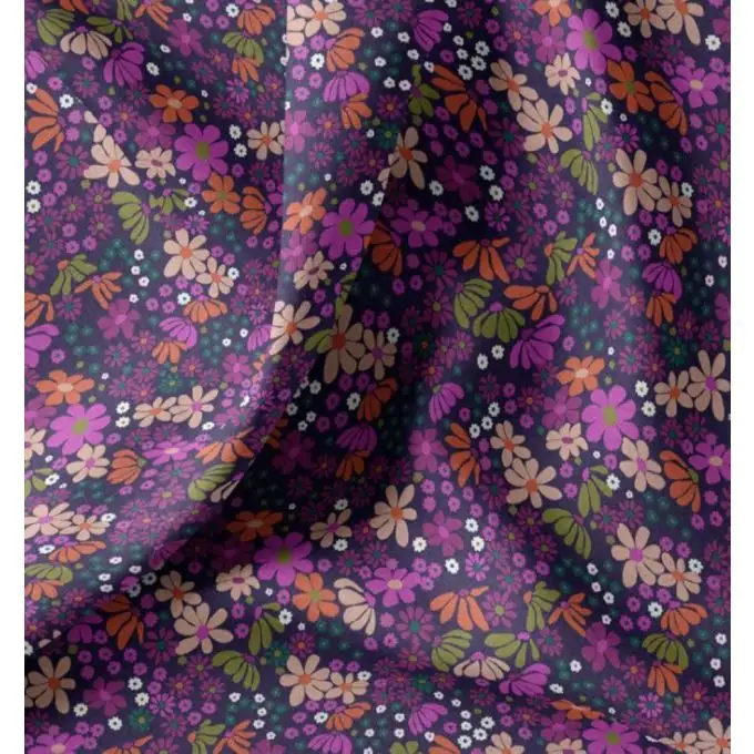 Tessuto cretonne stampato campo di fiori arancione viola