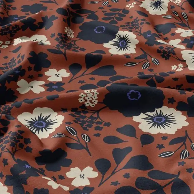 Tessuto viscosa bella fiore nero ecrù e blu marrone