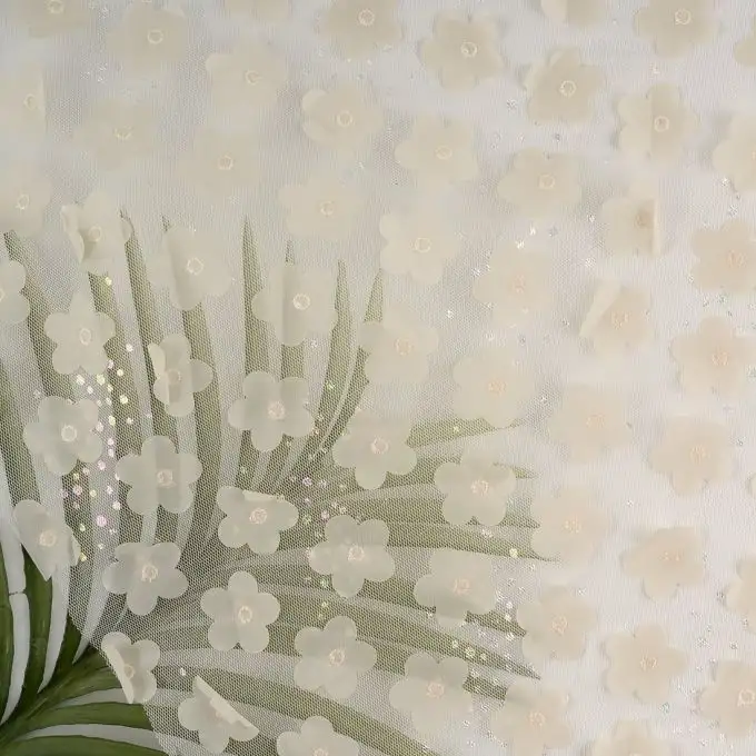 Tessuto tulle fiore satinato foil ecru