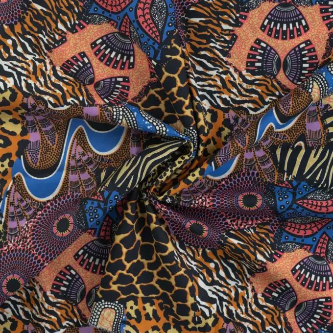 Tessuto voile cotone ispirazione wax multicolore blu