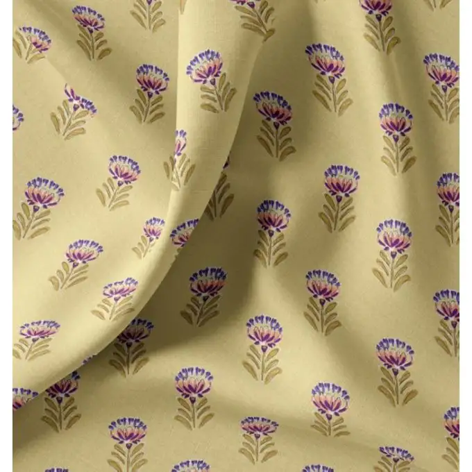 Tessuto cretonne stampato fiore indiano stile blockprint giallo