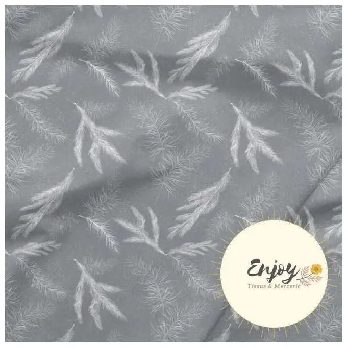 Tessuto French Terry Natura Fogliame Bianco Grigio venduto al metro