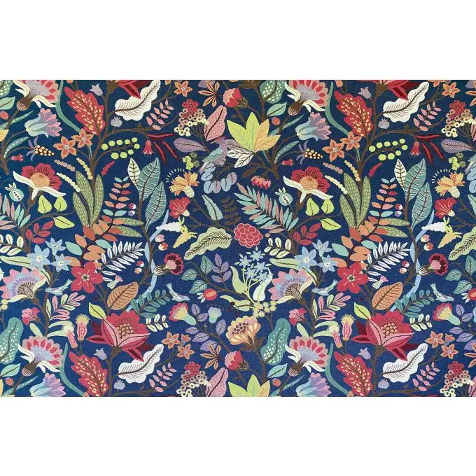 Tessuto di cotone ricamato con fiori multicolori su fondo blu, sedili