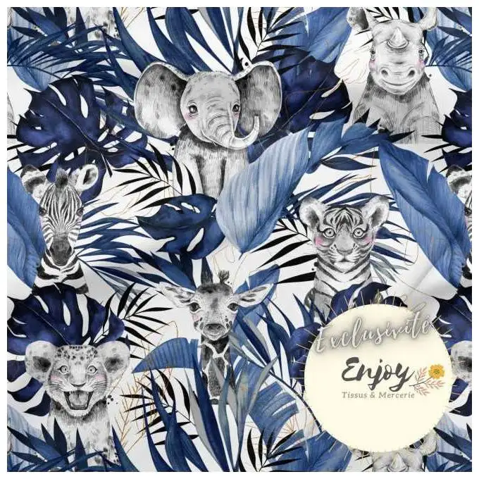 Tessuto Jersey Animali della Savana Tropicale Blu venduto al metro