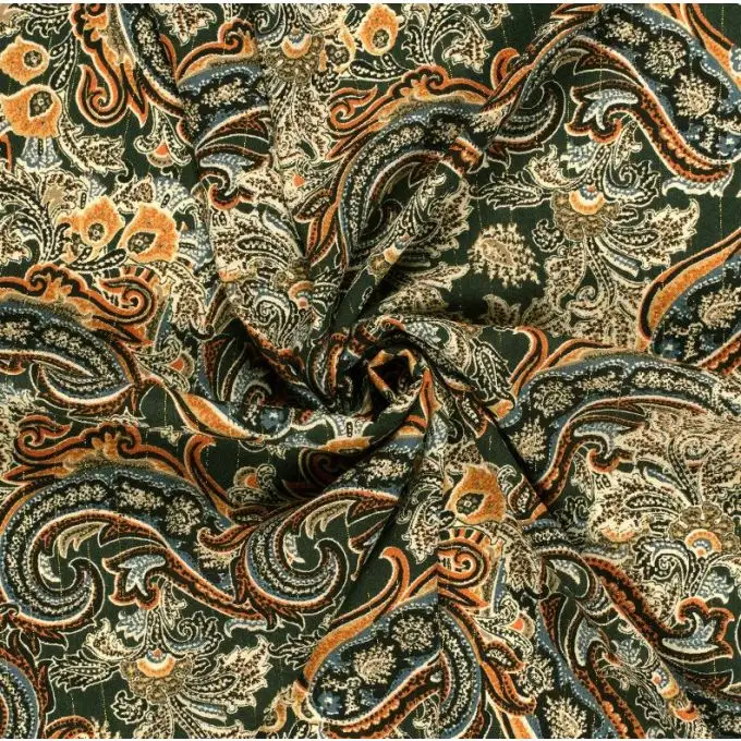 Tessuto crepe viscosa filato lurex dorato grande cachemire verde scuro