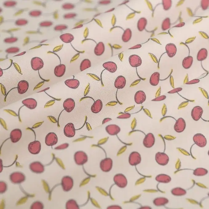 Tessuto popeline cotone biologico ciliegie rosa ecru