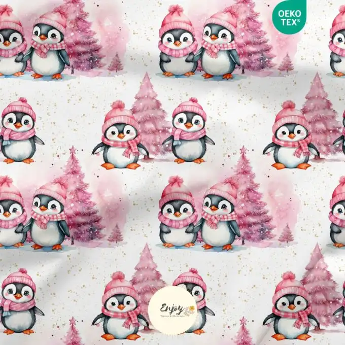 Tessuto 100% cotone premium Animali dell’Artico Pinguino rosa venduto al metro