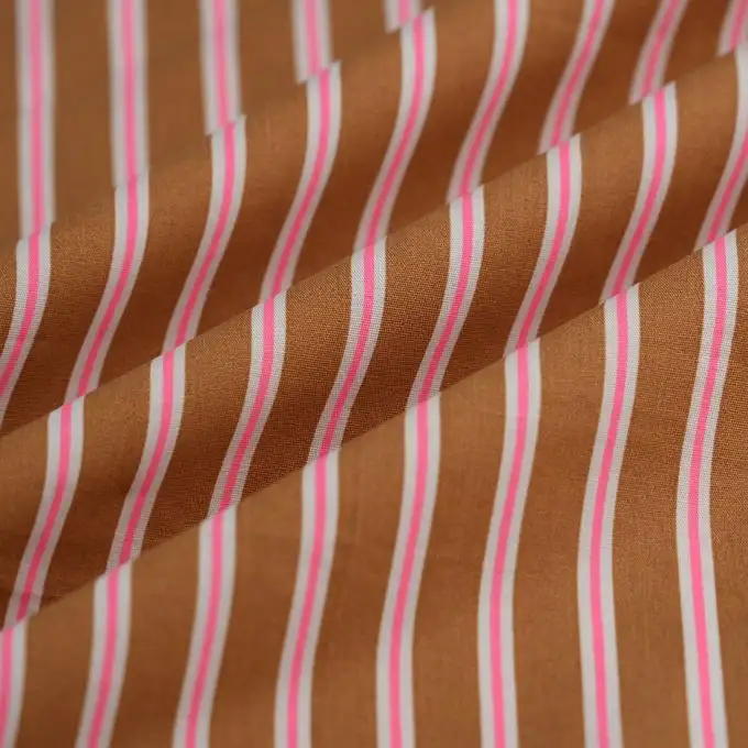 Tessuto popeline cotone ocra righe bianco rosa