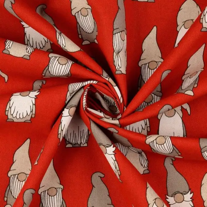 Tessuto cotone natalizio stampato piccolo gnomo rosso